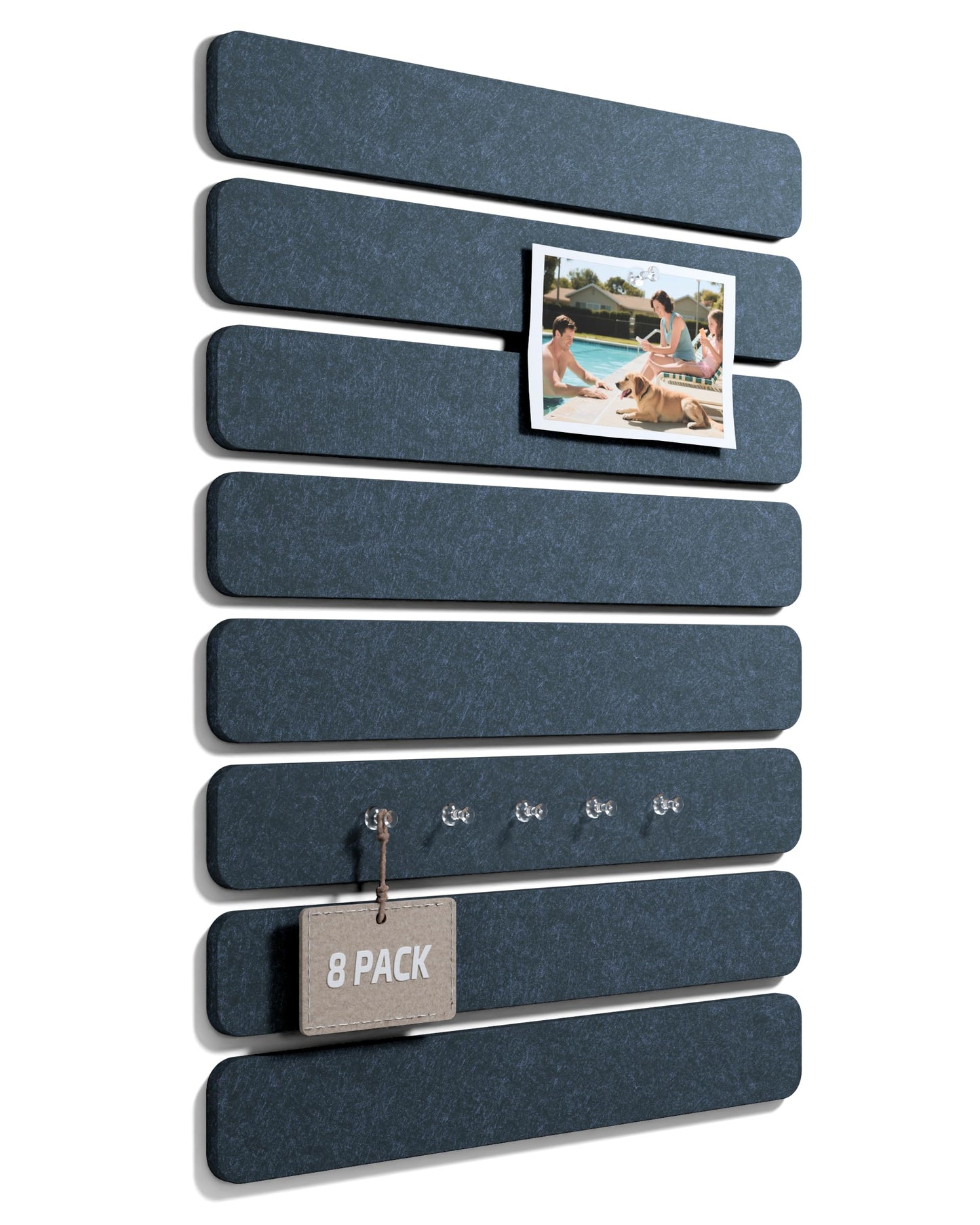Fluxynara Cork Board Alternative Felt Strip Board 8-Pack 13"x2", Office Pin Board with 50 Push Pins, Adhesive Install for Bedroom Door & Home Office (Denim Blue)