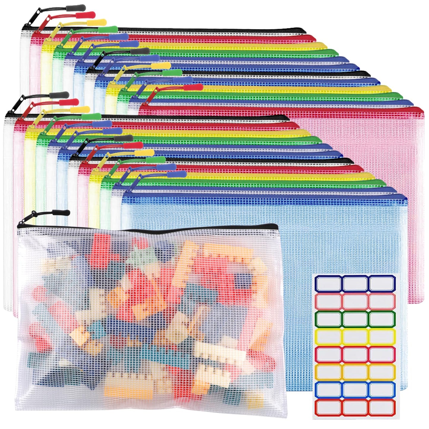 YOPCDJ 24pcs Mesh Zipper Pouch Bags A4 Zipper Bags for Classroom Organization, Waterproof Document Zipper Pouches for Cosmetics, Travel Storage File Bags for Office Supplie
