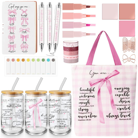 Singhoow 29 Pcs Bible Journaling Supplies Kit 16 oz Glass Cup Pink Bag Pink Bows Leather Notebook Highlighters Pens Sticky Note Tapes Bible Study Supplies for Women Sunday School Teacher