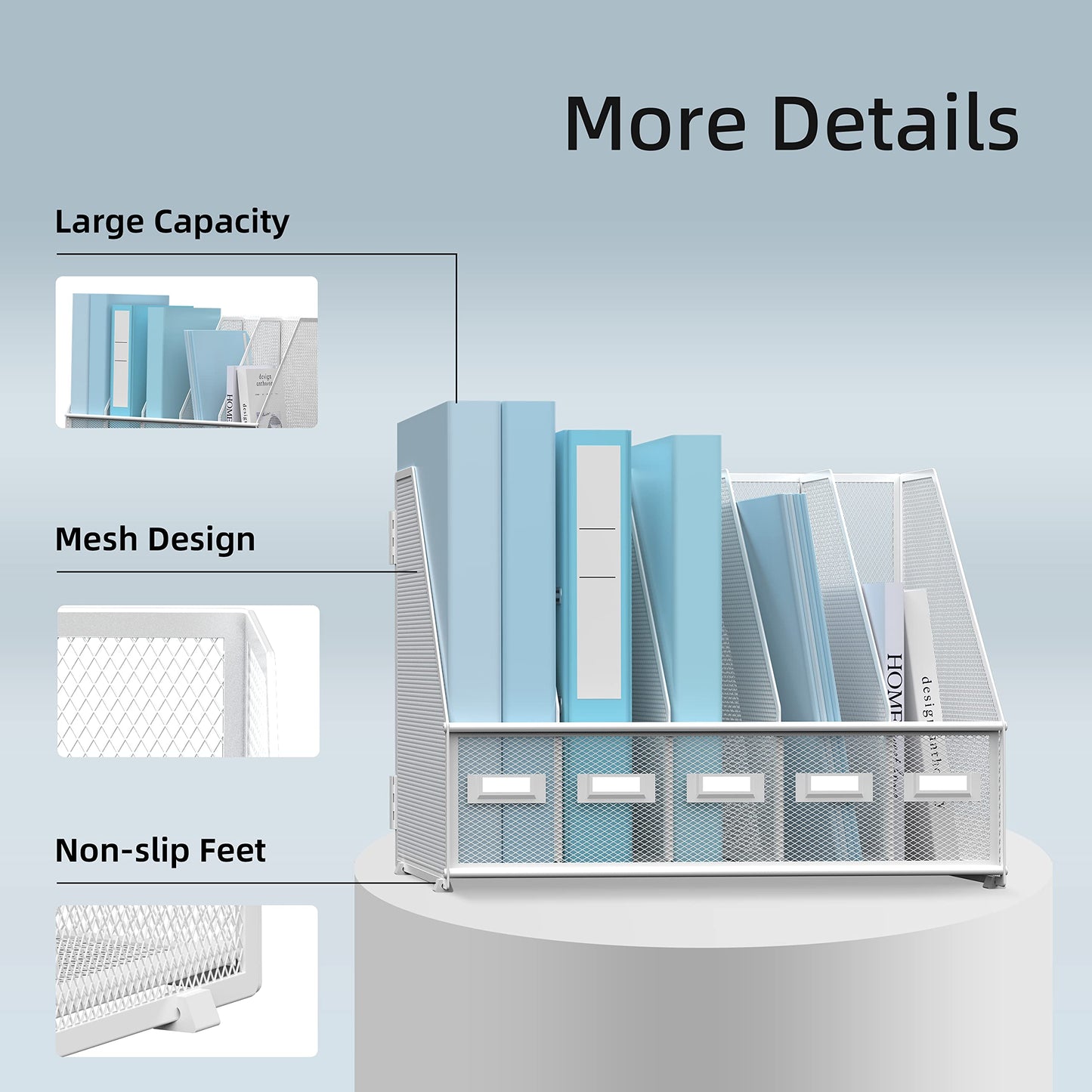 SUPEASY Desk Organizers Metal Desk Magazine File Holder with 5 Vertical Compartments Rack File Organizer for Office Desktop, Classroom, Home Workspace, White