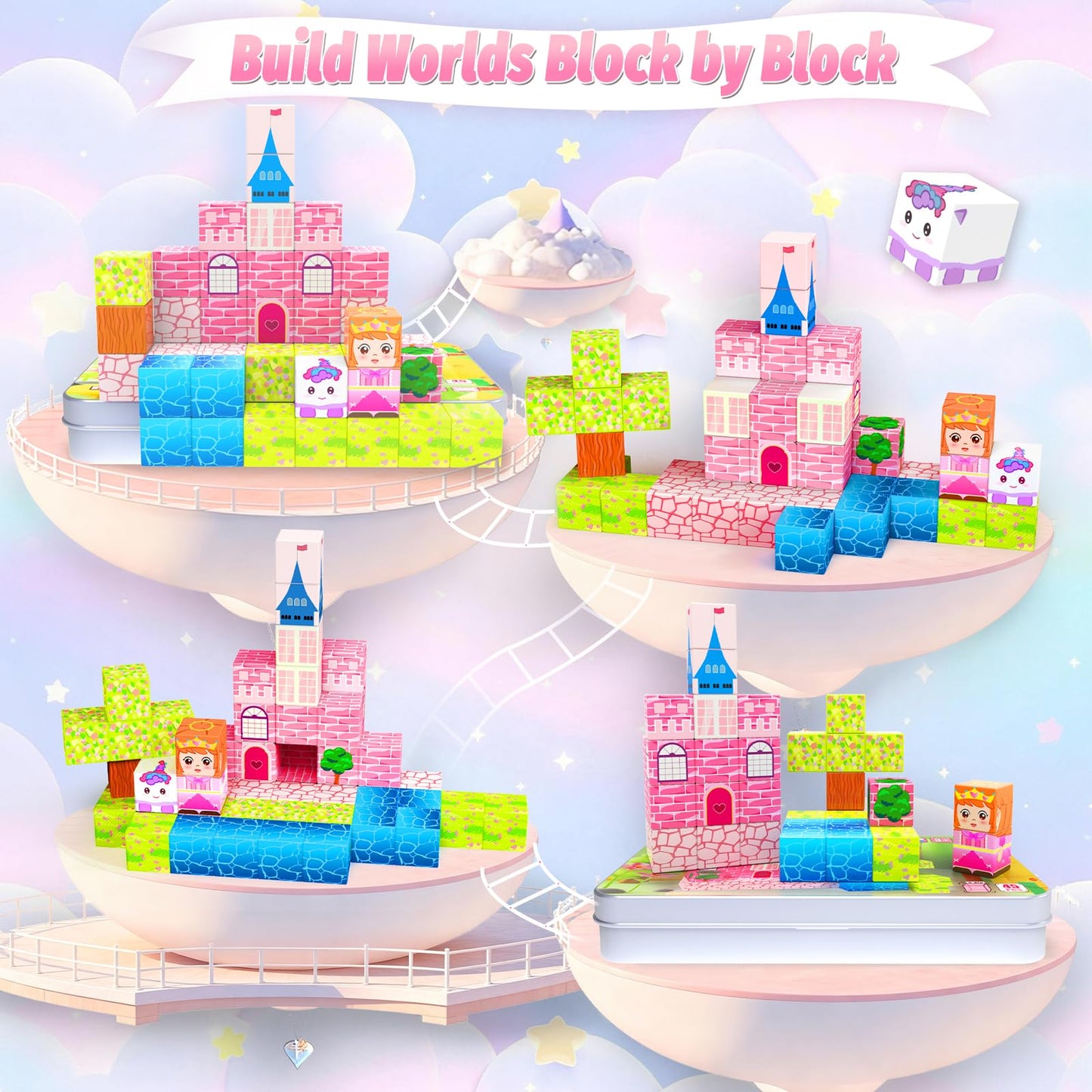 CEMECER Mini Magnetic Blocks for Kids, 45PCS Travel Magnetic Building Block Cubes with Iron Box, Princess Stacking Magnets Toys for Toddlers, Sensory Montessori Construction Toys.