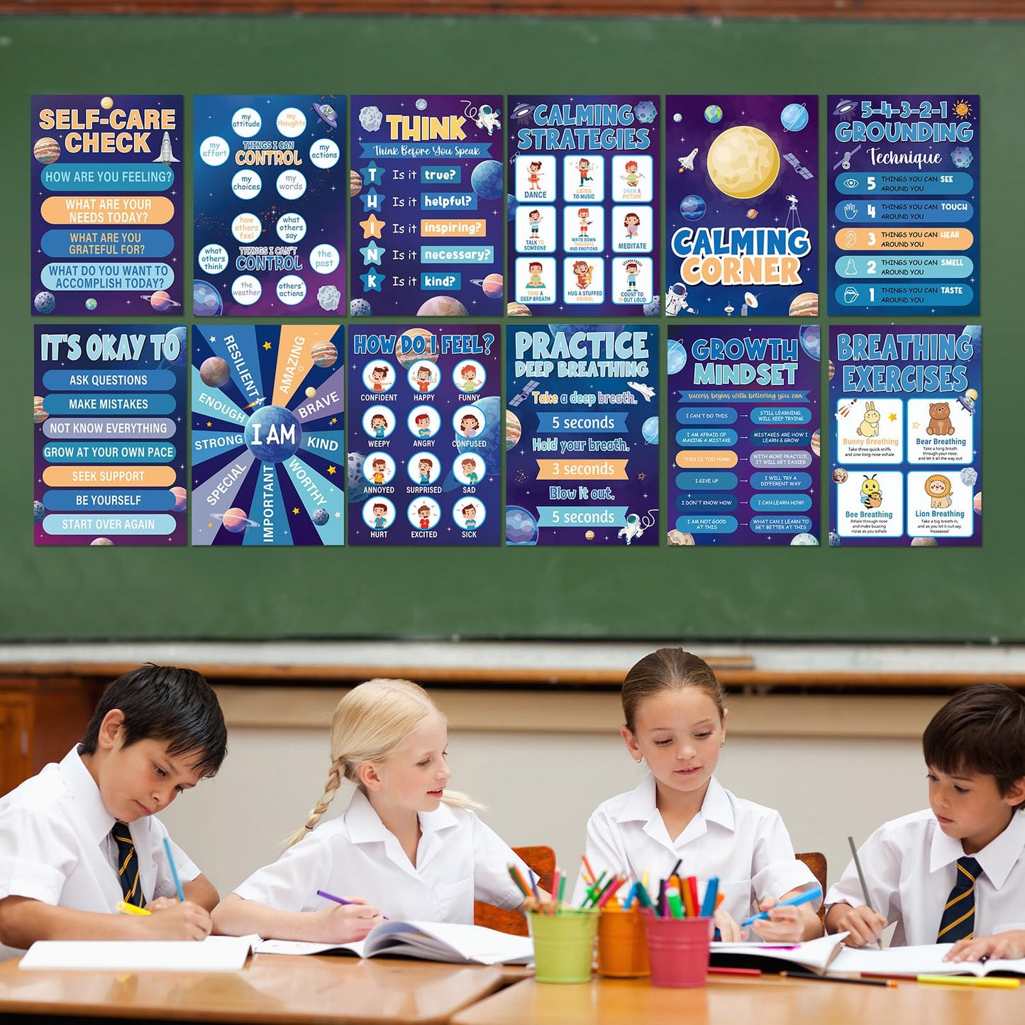 12Pcs Calming Corner Posters for Classroom Space Emotions Feeling Poster for Kids Inspirational Back to School Wall Decor Solar System Mental Health Posters for School Office Home Teacher Supplies