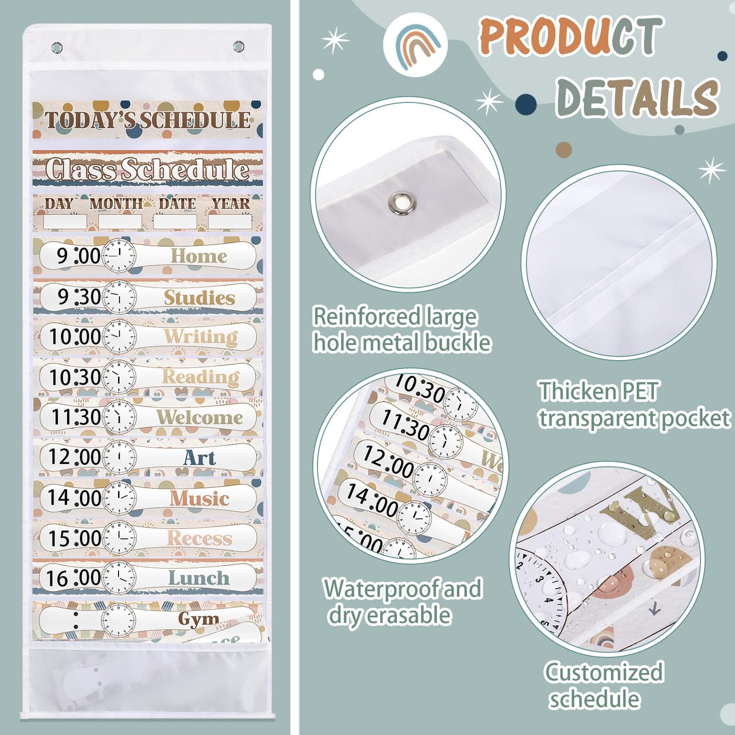 Sunnymove Daily Schedule Pocket Chart for Classroom Decor with 13+1 Pockets and 42 Designed Schedule Cards, Teacher Supplies for Preschool Classroom Home Office Back to School Decorations(Boho)