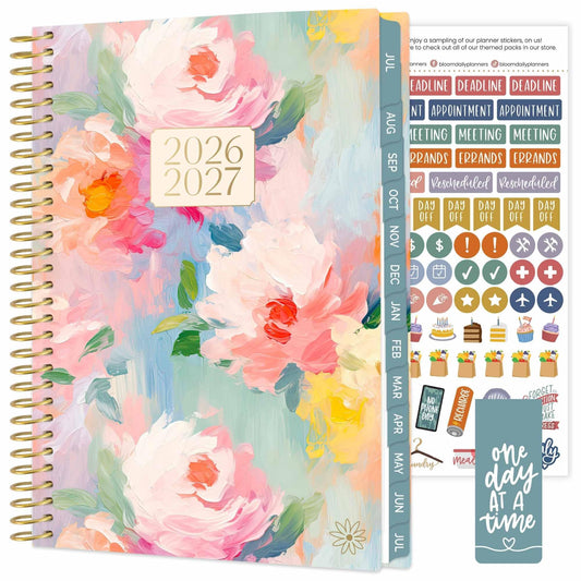 bloom daily planners 2026-2027 Planner - Academic Year (July 2026 - July 2027) Monthly & Weekly Soft Cover Planner for Women - 13 Month Calendar Agenda Book with Stickers - 5.5" x 8.25" - Painted Peonies