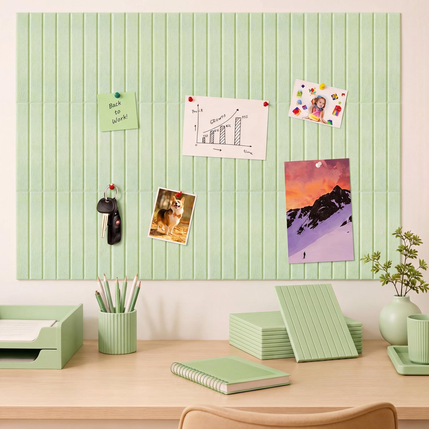 Honoson 12 Pack 48"x 36" Large Cork Board Alternative Felt Bulletin Board Wall Tiles with Safe Square Adhesive Roll Cork Tiles for Walls Home Office Classroom Back to School Pin Panels(Sage Green)