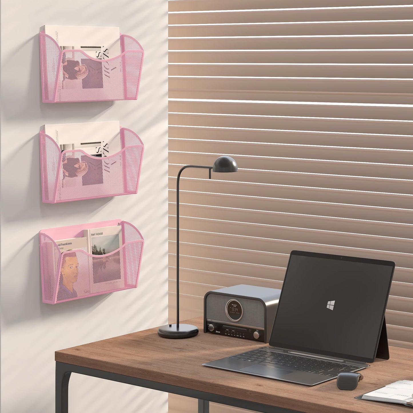 EasyPAG Wall File Organizer 3 Pack, Hanging File Organizer Wall Mount, Metal Mesh Folder Holder for Letter/A4 Papers, Mail Sorter for Office, Classroom, Home, Pink