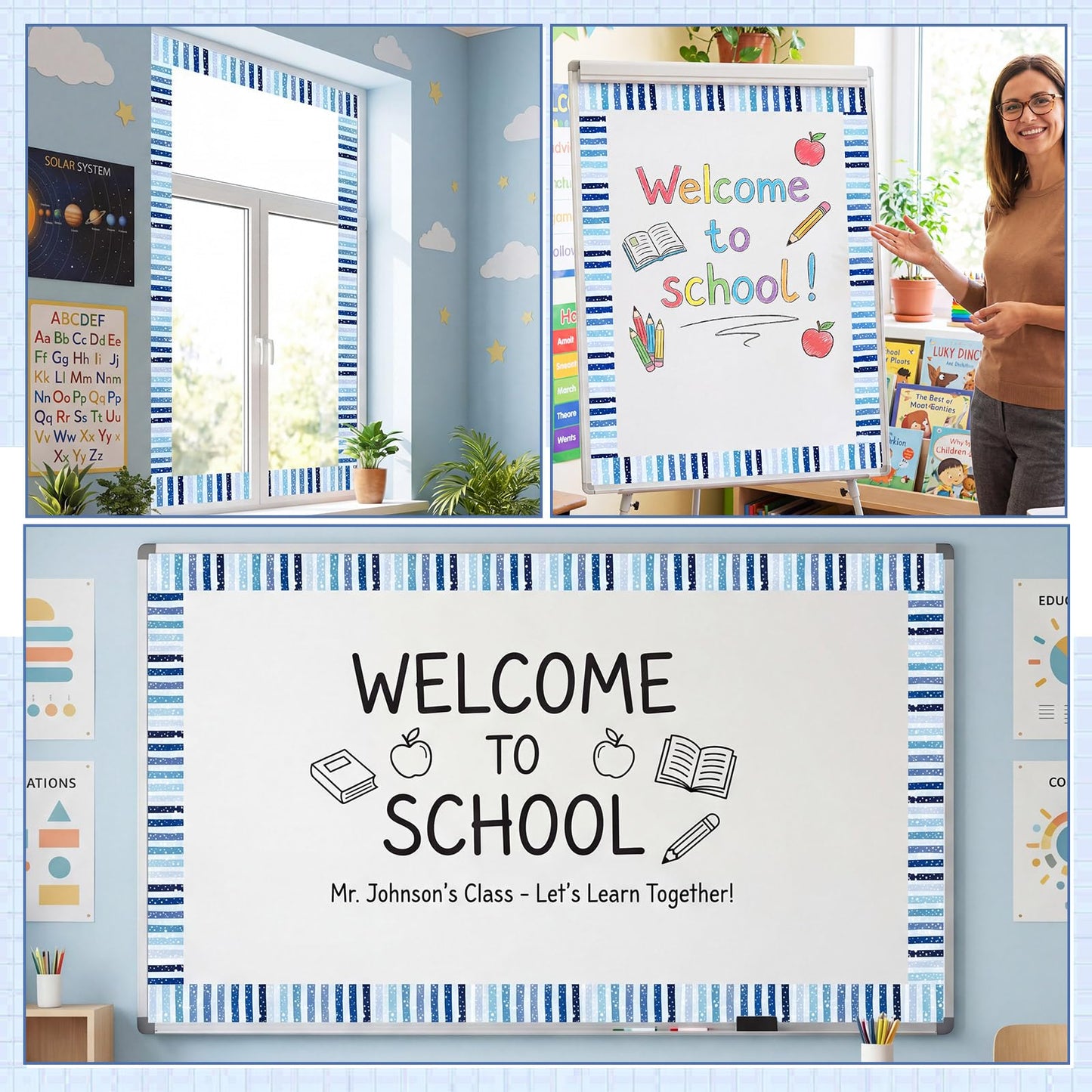 Tenceur 48 ft x 2.76 Inch Magnetic Borders for Whiteboard Decoration, Blue Polka Dots Stripes Magnetic Bulletin Board Border Set for Summer Classroom Office Chalkboard Poster Board Decor