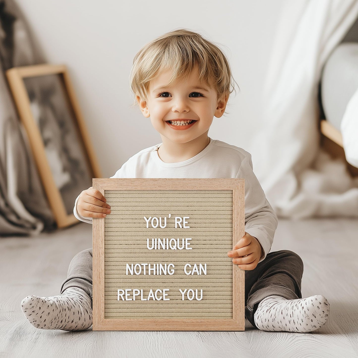Felt Letter Board with 294 Letters, Numbers, Symbols - 10x10 inch Changeable Message Board with Wooden Frame Wall Mount (Beige)