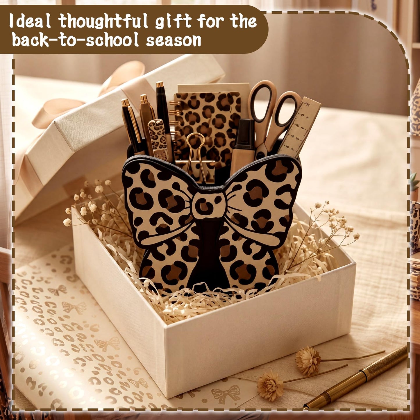 Tenceur Leopard Print Bow Holder for Desk Large Capacity Bow Wooden Pencil Holder Coquette Supplies Desk Organizer Cute Teacher Office Decor Makeup Brush Holders Back to School Gift for Girls Women