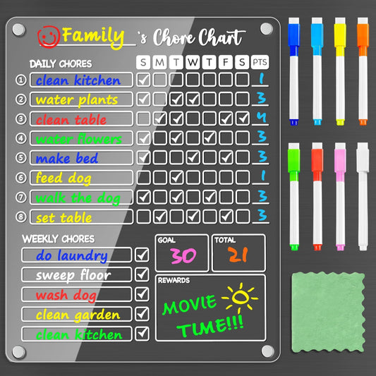 PigPotParty Acrylic Magnetic Chore Chart for Kids on Fridge – 9.5"x12" Daily & Weekly Dry Erase Chore Board with 8 Fine Tip Markers and 1 Towel – Responsibility Chart with Reward Point System