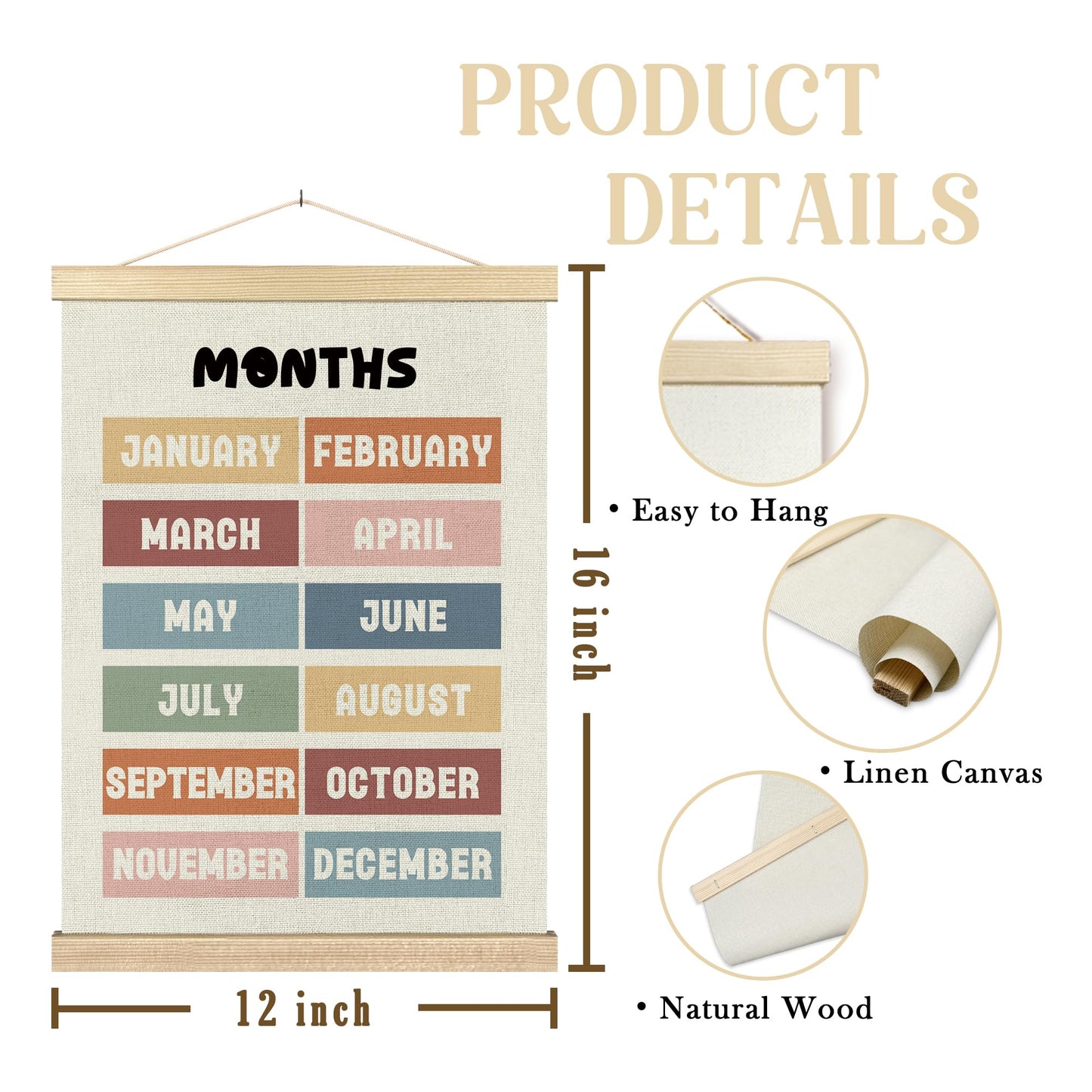 BCUANGD Classroom Wall Decor - Days of the Week Months of the Year Poster Hanger with Wood Frames Set of 2, Neutral Classroom Wall Hanging Canvas Decor for Kids Room Nursery Playroom, 12x16 Inches