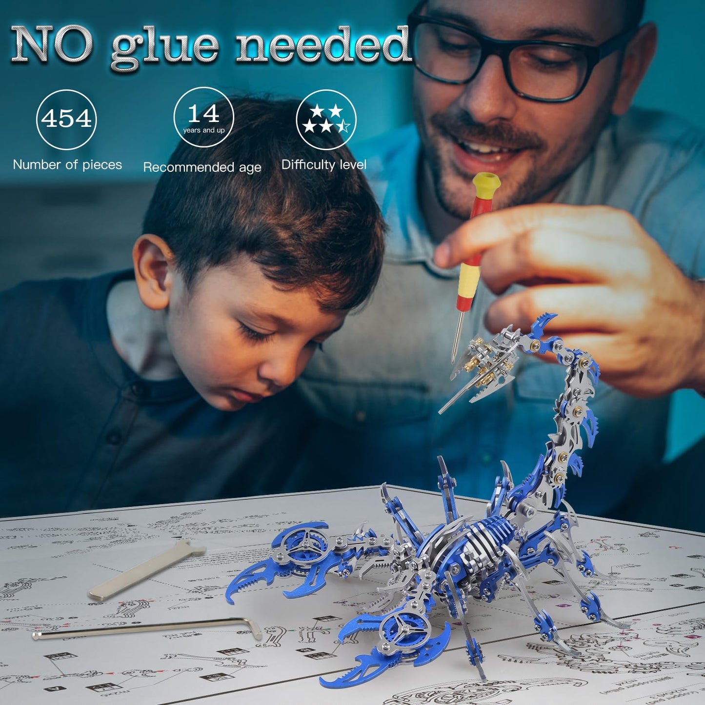 Metalkitor Scorpion 3D Metal Puzzles Kits for Adults Teens – 454 Pcs – Mechanical Assembly Models – 4 Hours to Build – Ideal for Gifts and Decorations (Blue)