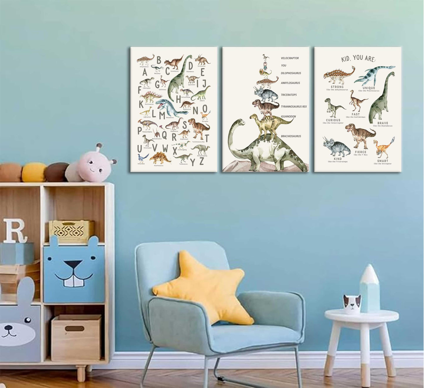 3Pcs Kids Dinosaur Species Canvas Wall Art Dinosaur Alphabet Painting Boys Room Wall Decor Tyrannosaurus Encyclopedia Educational Posters Prints Teen Cool Pictures for Home Classroom Nursery Framed