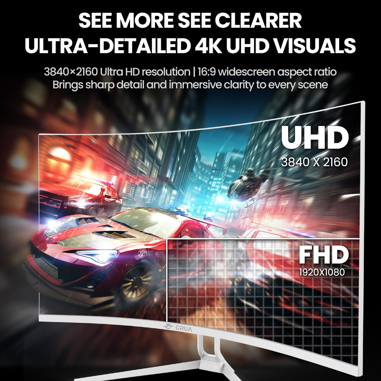CRUA 32" Curved Gaming Monitor, 4K UHD 3840x2160, 240Hz VA Display, 1500R, AMD FreeSync, 120% sRGB, Built-in Speakers, HDMI 2.1 & DP 1.4, Wall Mountable White PC Monitor for Gaming, Streaming & Work