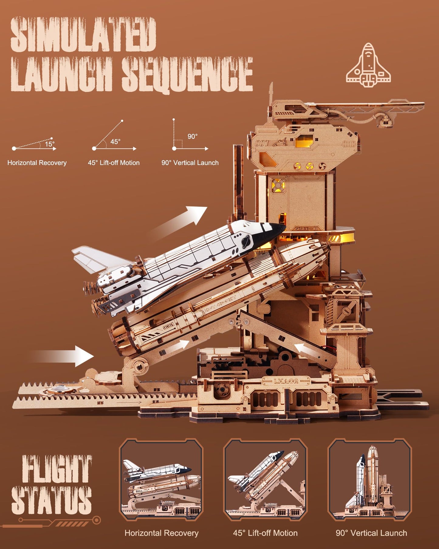 ROBOTIME 3D Space Shuttle Wooden Puzzle for Adults, Dynamic Rocket Launch Model Building Kits with Lights, AS Home Desktop Decoration for Men Gifts (446 Pieces,8 Hours Finished)