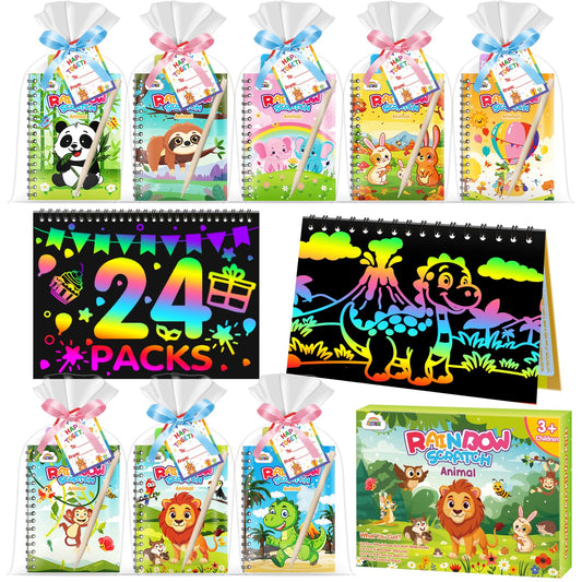 ZMLM 24 Pack Rainbow Scratch Art Party Favors for Kids 4-8 - Mess-Free Birthday Goodie Bags Stuffers, Classroom Prizes Grades 1–3 Creative Paper Notebooks for Pre-K Kindergarten Gifts (Animal, 24)