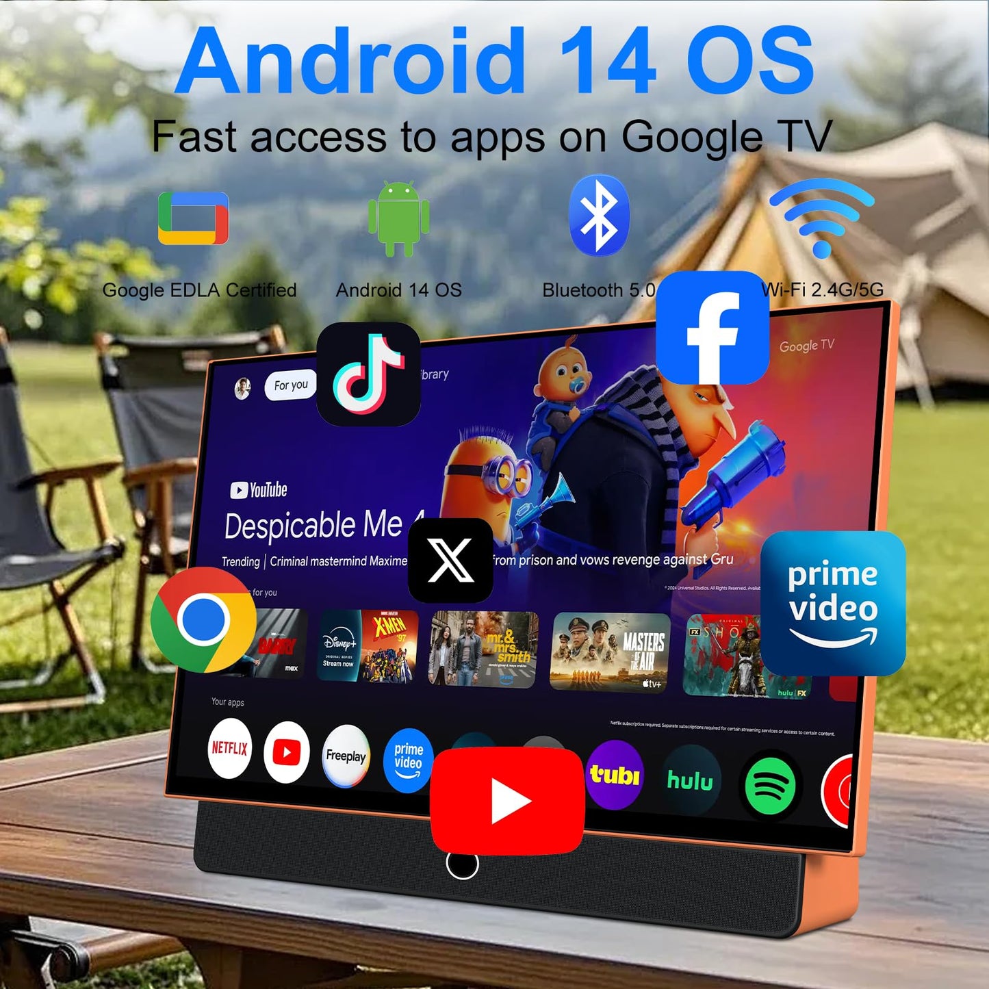 HSTrejanyx 27-Inch Portable Smart TV with Battery Operated, 1080P FHD Smart TV OS, HDR10, Dolby Audio, Chromecast & Bluetooth, Ideal for Outdoor Viewing, RV Trips, Sports & Movie Nights (G27F, Orange)