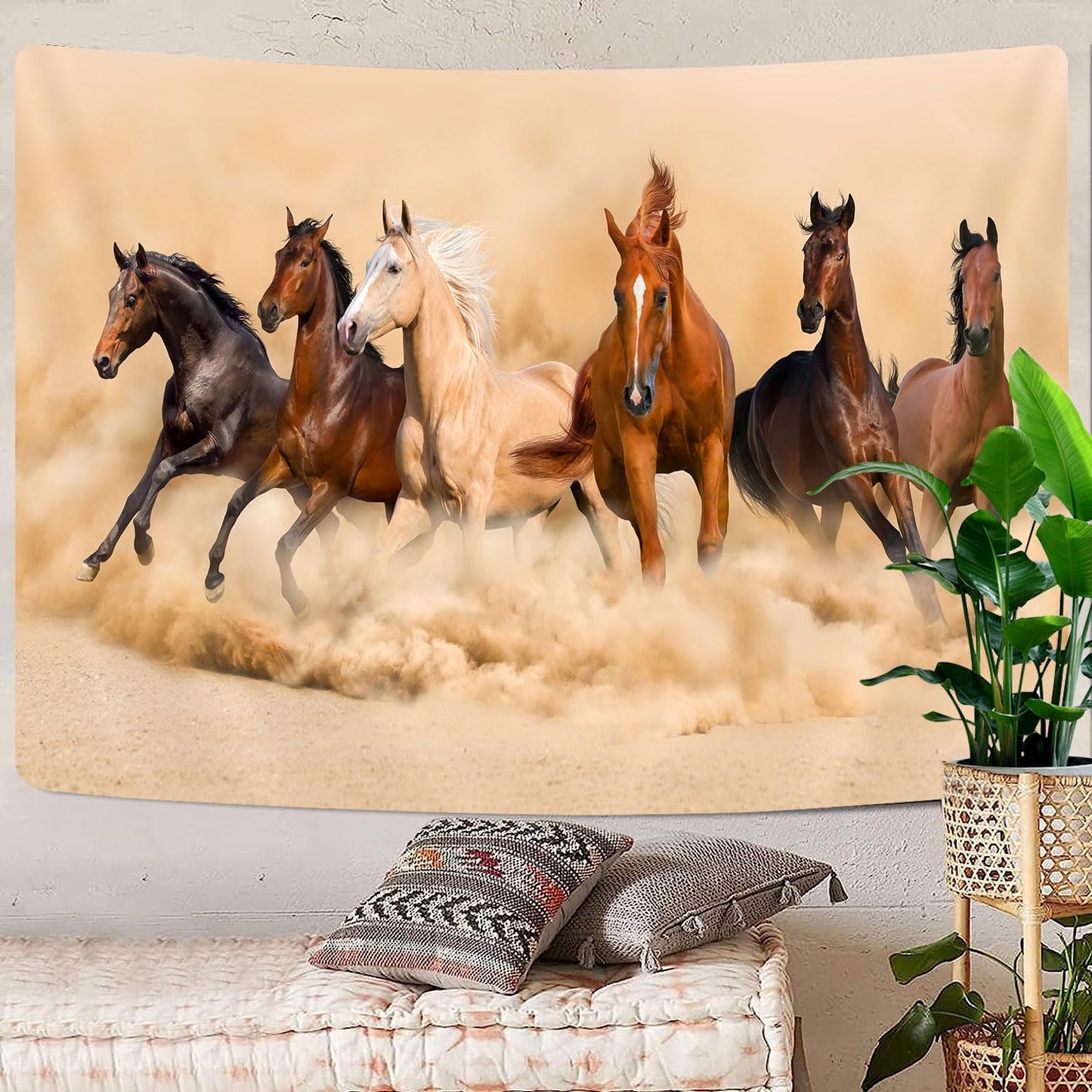 GOAOK Horse Tapestry, Galloping Wild Farm Animal Horse Running Western Desert on Mystic Sky Landscape Tapestry Wall Hanging for Bedroom Living Room Dorm Office Decor, 60X40In