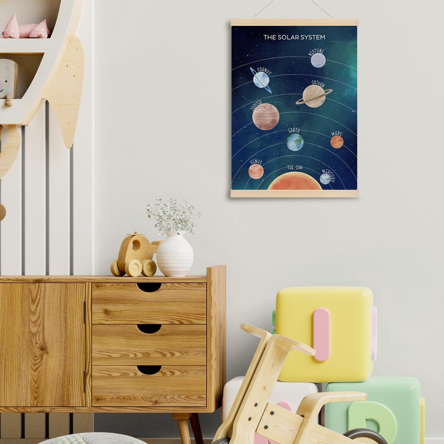 MOTERMATE Space Solar System Poster Hanger Frame, the Solar System Nursery Wall Hanging Decor Art Framed for Kids Nursery Room Bedroom Playroom Home, Space Galaxy Wall Poster Prints, 12x16 Inch