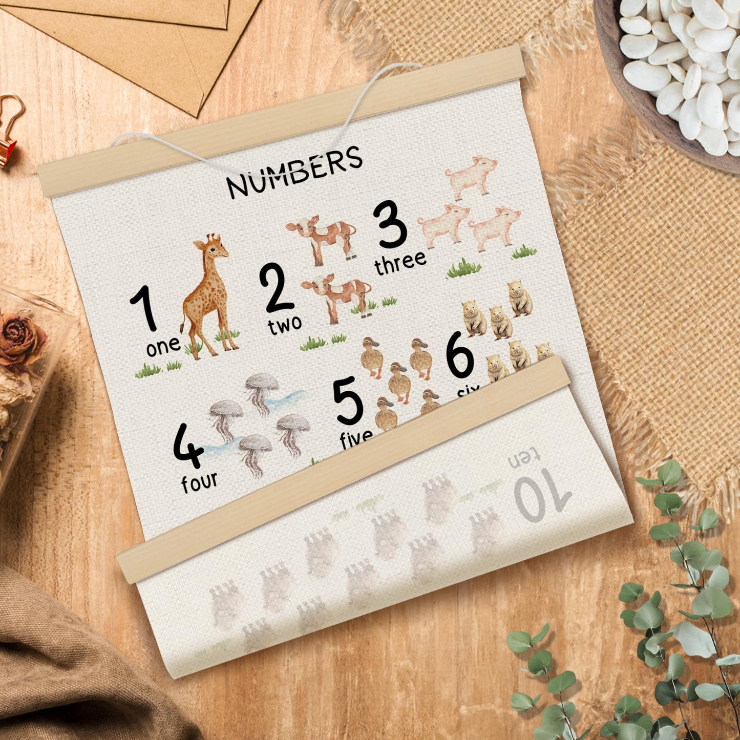 MOTERMATE Woodland Farm Nursery Number Wall Art Poster Chart, Learning Educational Canvas Poster Hanger Frame for Toddlers Classroom, Safari Nursery Wall Hanging Banner Decor for Classroom, 12x16 Inch