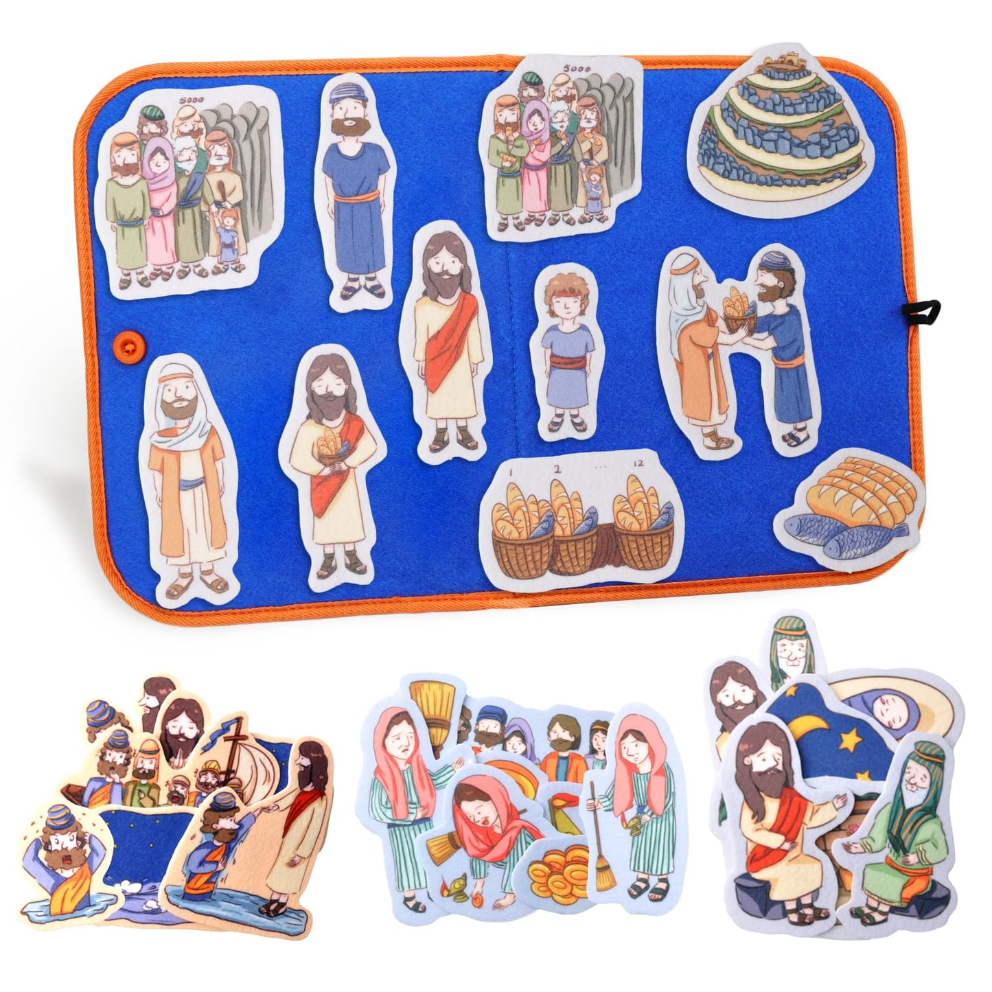 CHEFAN Felt/Flannel Board Story Set of 4, PRECUT Felt Pieces for Preschool Toddlers Circle Time,Bible Story,Feeding The 5000, Nicodemus, Jesus Walking on The Water, The Lost Coin