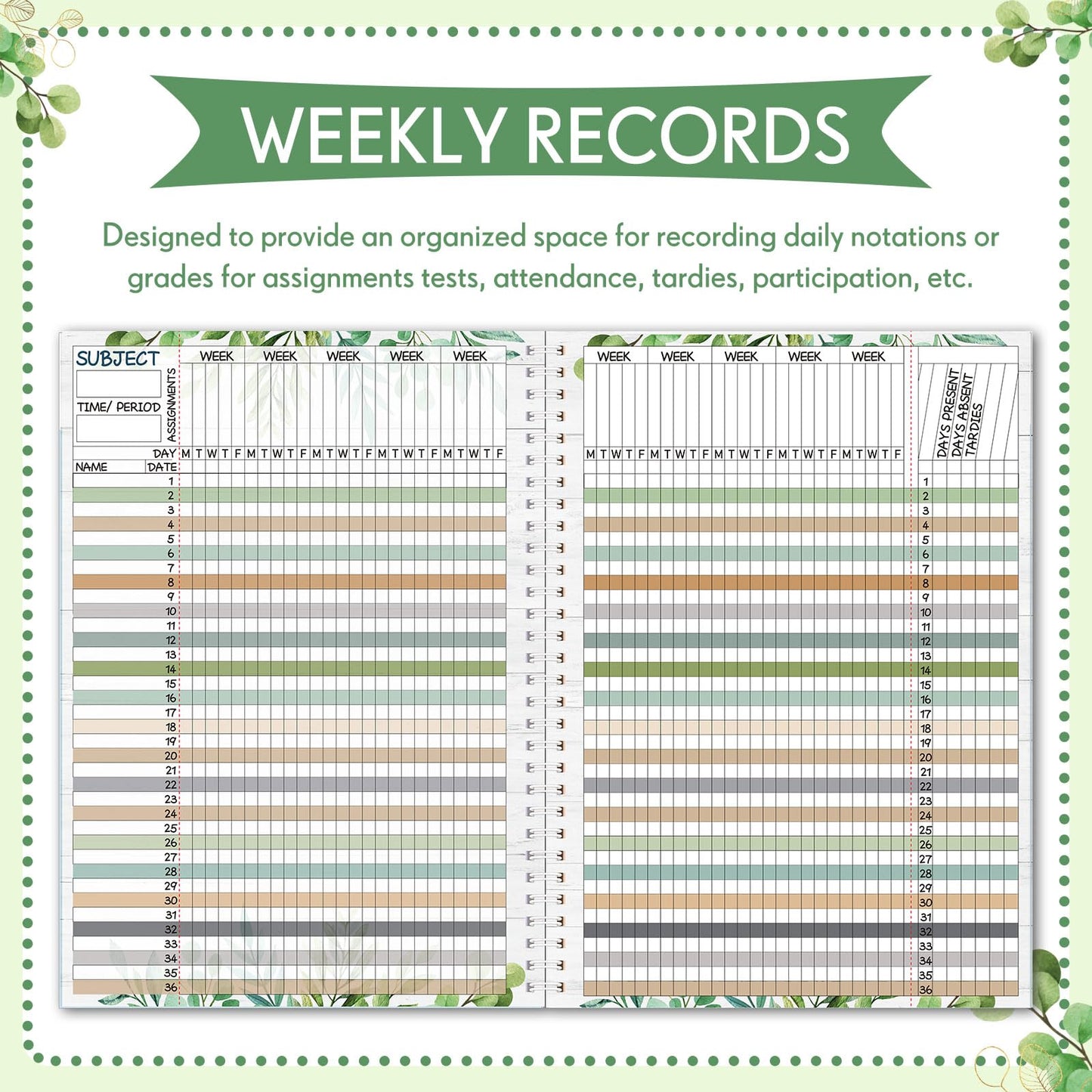Fuyoooo Teacher Record Book Teacher Grade Books 2026-2027 Spiral Bound Record Planner 2026 Class Grade Book Office Favors for Classroom Attendance Decoration Double Sided(Boho Plant)
