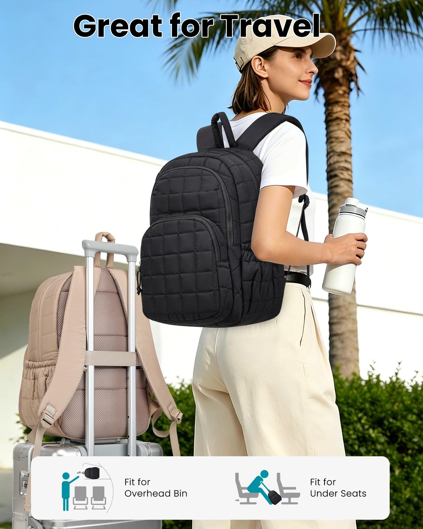 LIVUWERK Laptop Backpack for Women College Bookbag: 15.6 Inch School Backpacks for Teen Girls Quilted Back Pack for Students Womens Casual Work Computer Bag Water Resistant Travel Backpack (Black)