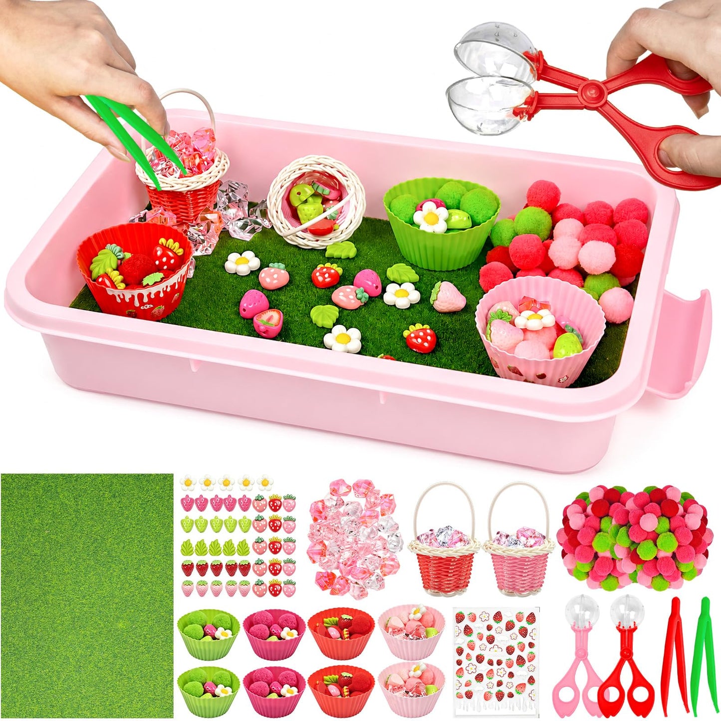 Cinrobiye 192 Pcs Strawberry Theme Activity Fillers Set with Storage Box, Summer Fruit Accessories, Artificial Grass Mat, Flowers, Pompoms and Decorative Materials for Classroom Home Activities