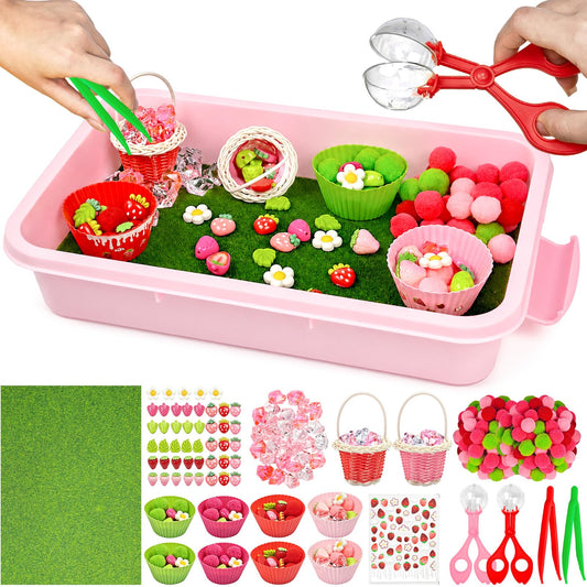 Cinrobiye 192 Pcs Strawberry Theme Activity Fillers Set with Storage Box, Summer Fruit Accessories, Artificial Grass Mat, Flowers, Pompoms and Decorative Materials for Classroom Home Activities