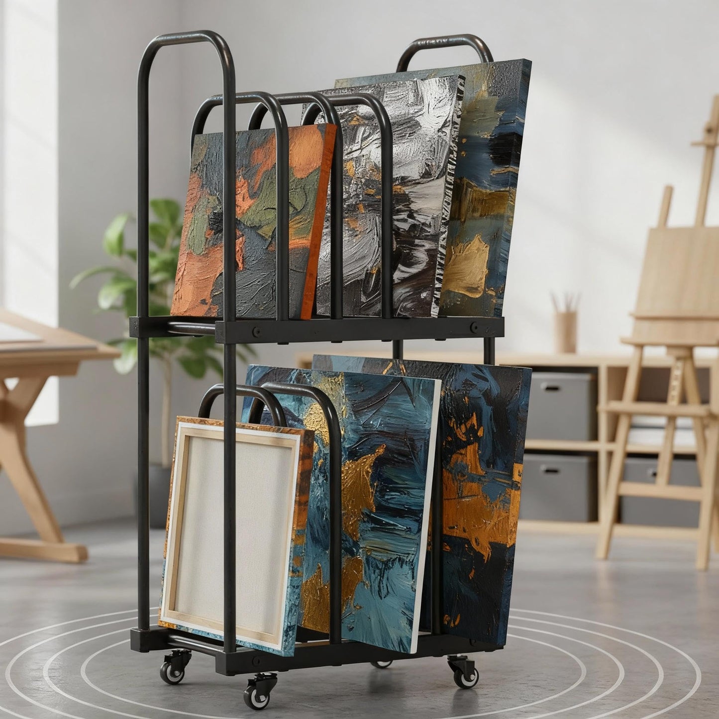 BERPET Art Storage Rack with Wheels, Double-Tier Adjustable Metal Drying & Display Stand for Canvas, Boards, Prints, and Artwork – Heavy-Duty Mobile Organizer for Studio, Classroom