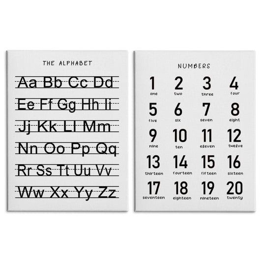 HRQKO Alphabet Numbers Nursery Canvas Wall Art Set of 2, Kids Room Decor Framed Art, ABC Numbers Learning Posters Wall Decor for Classroom Toddler Kids Nursery Bedroom Playroom, 11x14 inch