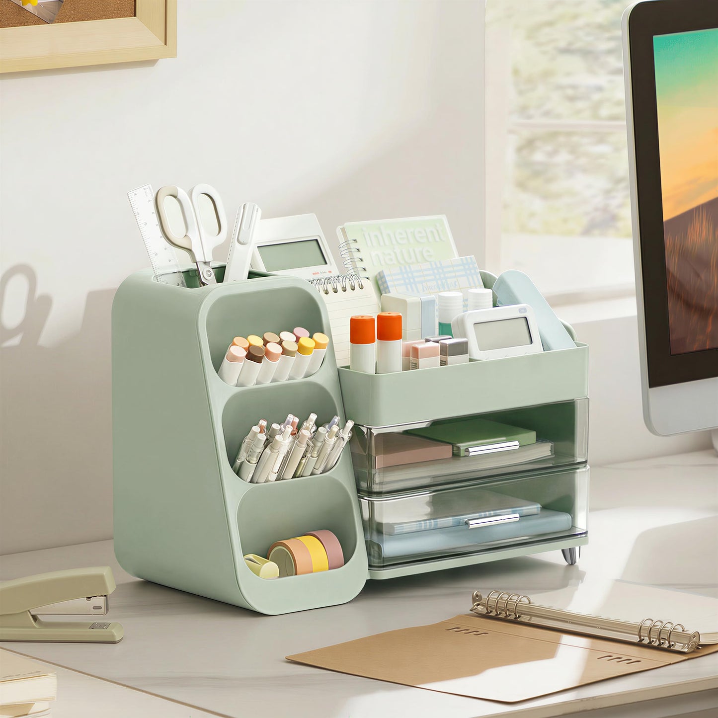 HBlife Desk Organizer with Pen Pencil Holder for Desk, Pen Organizer with 2 Drawers, Desk Organizers and Accessories with 4 Compartments, Desktop Storage for Office Home School Art Supplies, Green