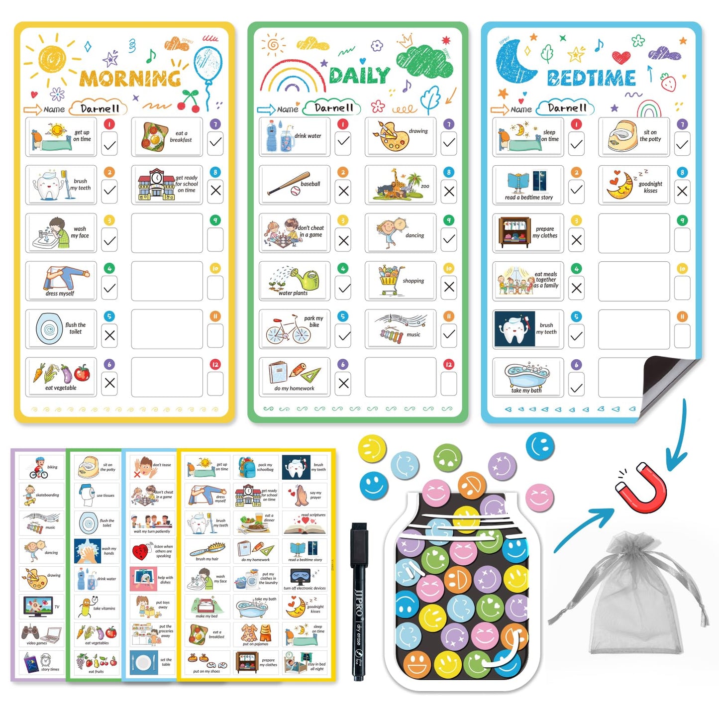 JJPRO Magnetic Bedtime/Morning/Daily Routine Chart for Kids with Reward Jar-Morning Routine Chart,Daily Checklist Reward Chart for Toddlers,Reward Jar for Kids,Cute Visual Schedule Board for Home