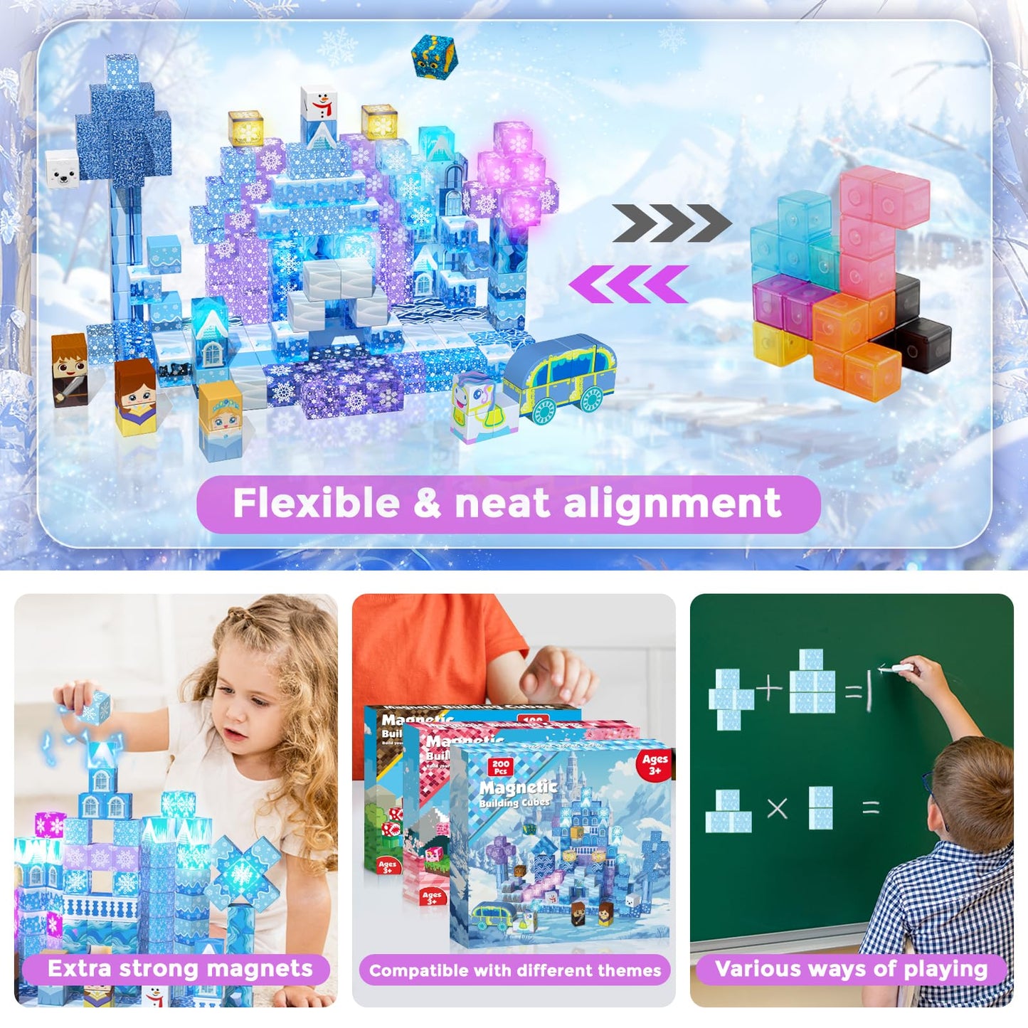 200 PCS Magnetic Blocks with Light Up Blocks - Transparent Magnetic Building Block for Kids Age 3+, Magnet Cubes Blue Castle, Magnets Toys Easter Birthday Gift for Boys Girls 4 5 6 7 8 9 10 11 12+