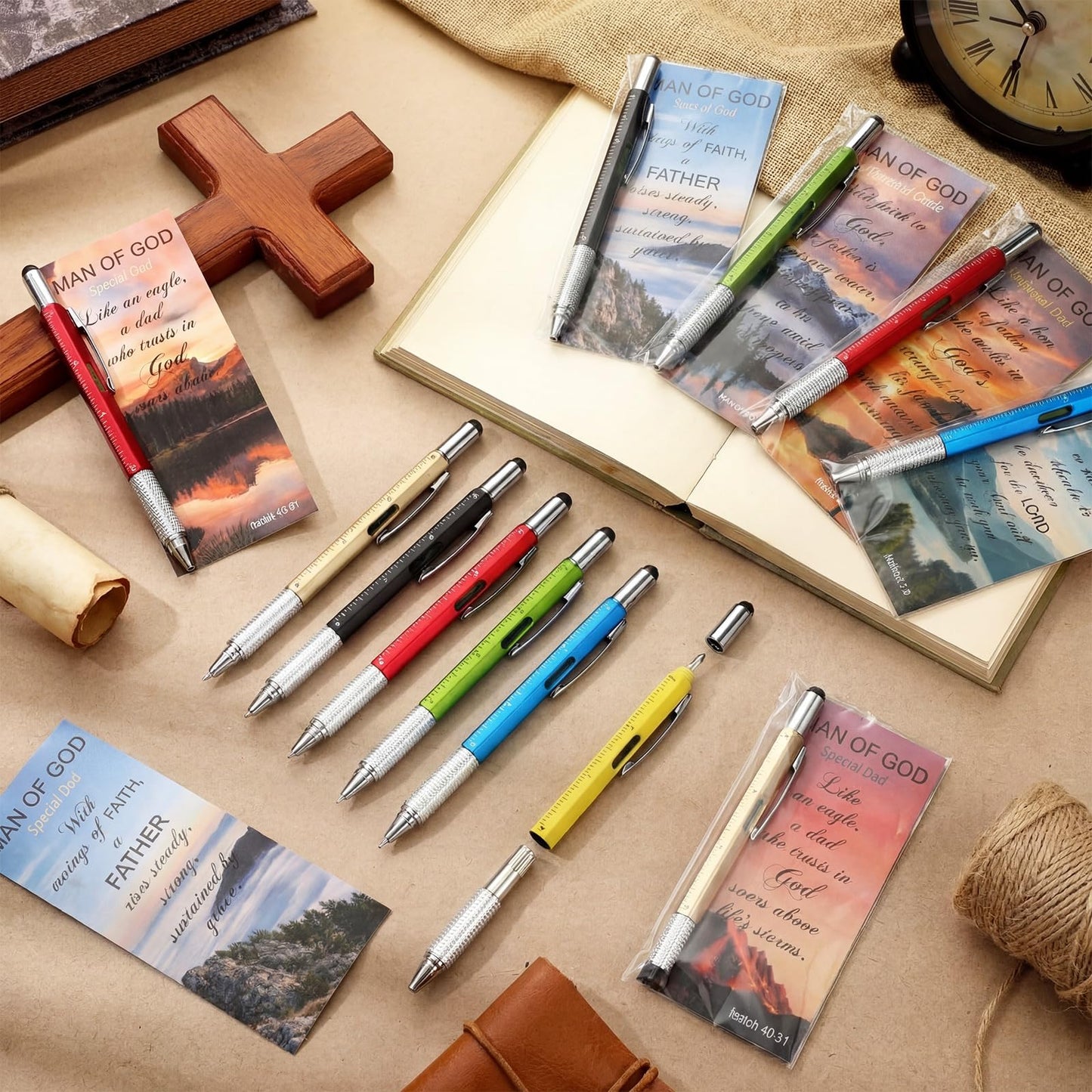 Tenceur 48 Set Father's Day Bulk Gifts for Church 6 in 1 Multi Tool Pen with Religious Bible Verse Bookmark Man of God Christian Gift for Men Church Prizes Husband Bible Study Supplies (Man of God)