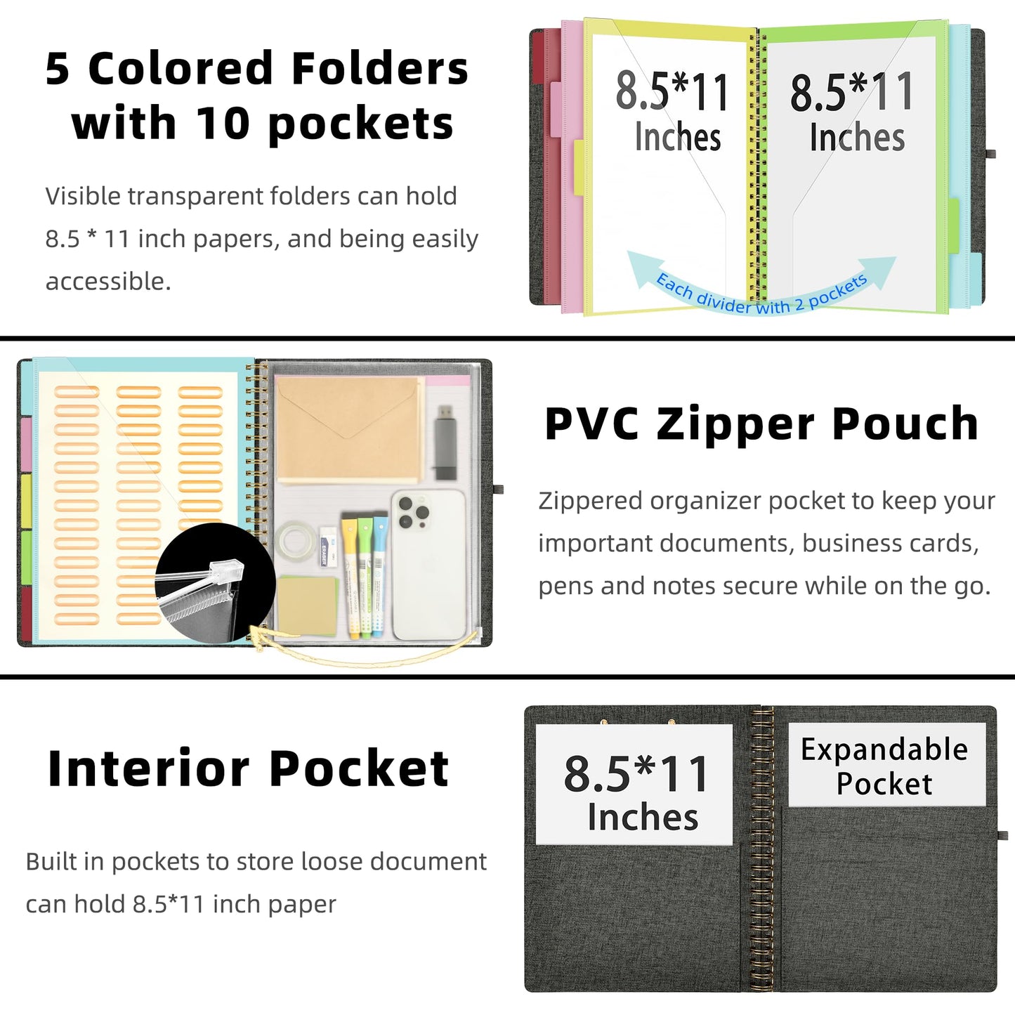 Ospelelf Foldable Spiral Clipboard Folio with Storage Zipper Pouch, 5 Plastic Folders with 10 Pockets,Refillable Lined Notepad (11" x 8.5"), Hardcover Project Organizer with 39 Stickers (Dark Grey)