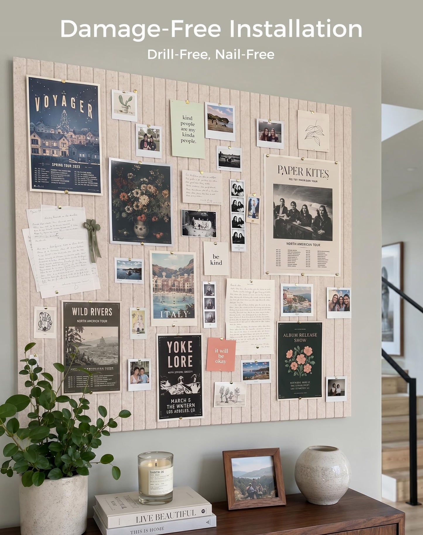 Aothia 12-Pack Felt Bulletin Board Tiles 48"x36", Modular Pin Board for Smooth Walls, Cork Board Alternative for Notes & Photos, 0.35" Thick, 70 Adhesive Tabs & 40 Pins, Oatmeal