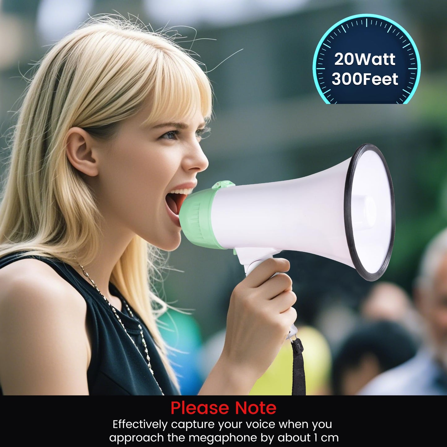 MyMealivos Portable Megaphone Bullhorn 20 Watt Power Megaphone Speaker Voice and Siren/Alarm Modes with Volume Control and Strap (White&Green)