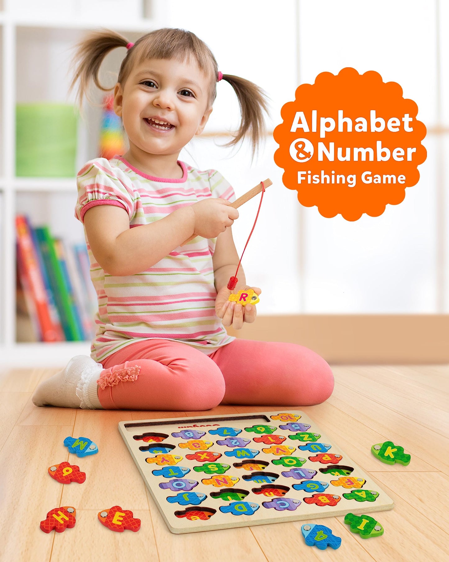 Coogam Magnetic Alphabet Numbers Fishing Game, Wooden ABC Letter Numbers Color Matching Puzzle Fine Motor Montessori Educational Toy for Preschool 3 4 5 Year Old Toddlers