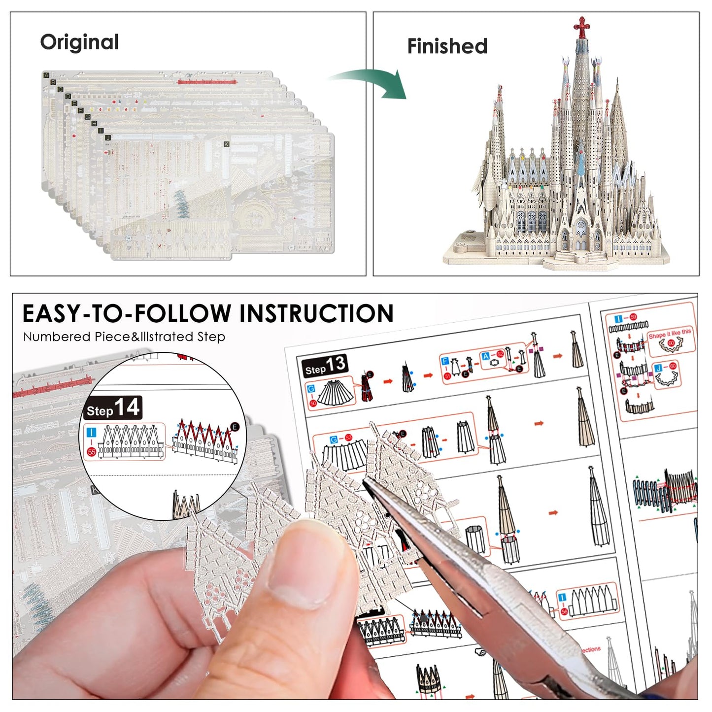 Piececool 3D Metal Puzzles for Adults and Teens, La Sagrada Família Metal Model Kit, Hobby DIY Crafts for Adult Challenge Spanish Cathedral Brain Teaser Architecture Building Kit, 450 Pcs