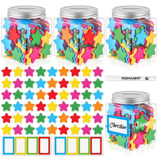 Roowest Reward Jar for Kid 3 Pcs Coin Jars for Behavior Tokens 200 Stars 8 Name Tags 1 Pen Classroom Reward Jars Reward System for Kids Back to School Incentive Good Behavior Training