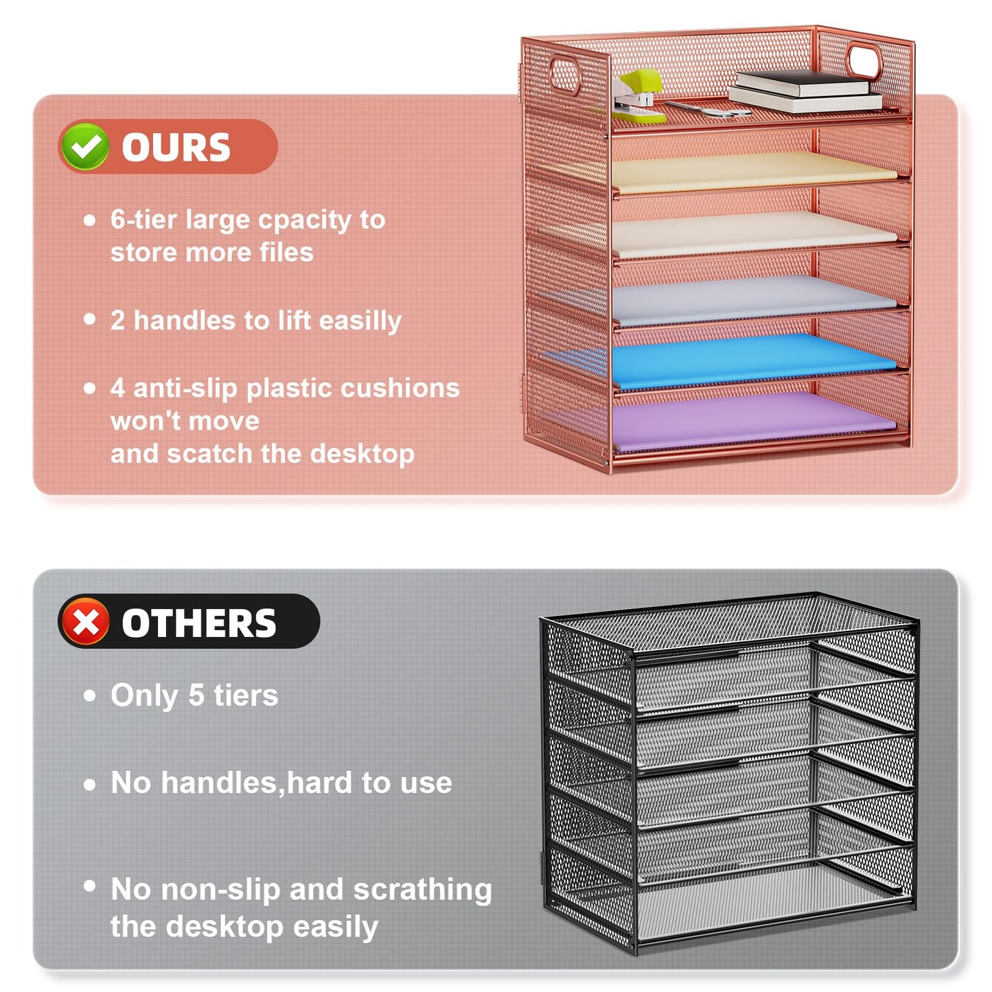 Marbrasse 2 Pack Desk Organizer with Handle, 6 Tier Paper Letter Tray, Mesh Desk File Organizer for Office, School and Home - Rose Gold