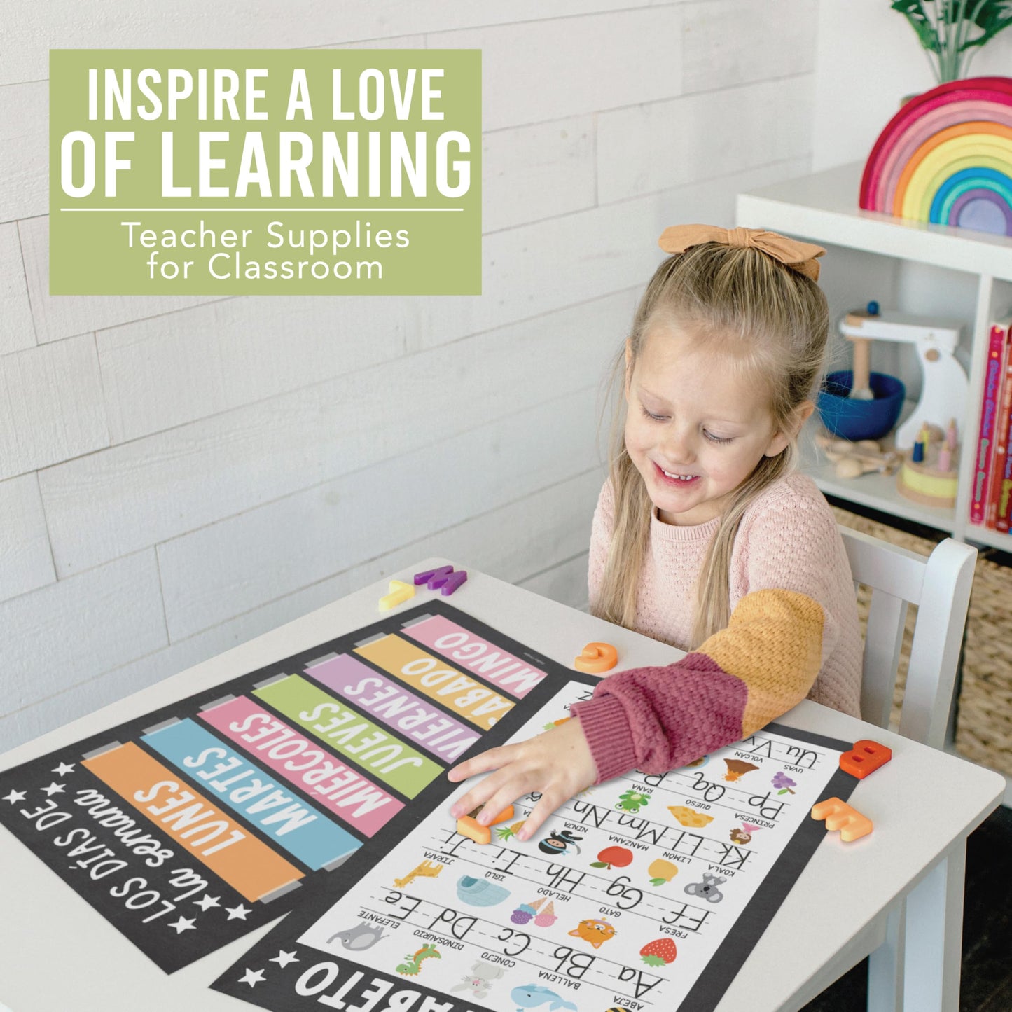 Hadley Designs Spanish Posters for Classroom -12 Bilingual Educational Posters for Spanish Classroom Decorations Must Haves, Calendario y Alfabeto en Español Para la Pared, Chalkboard Teacher Supplies