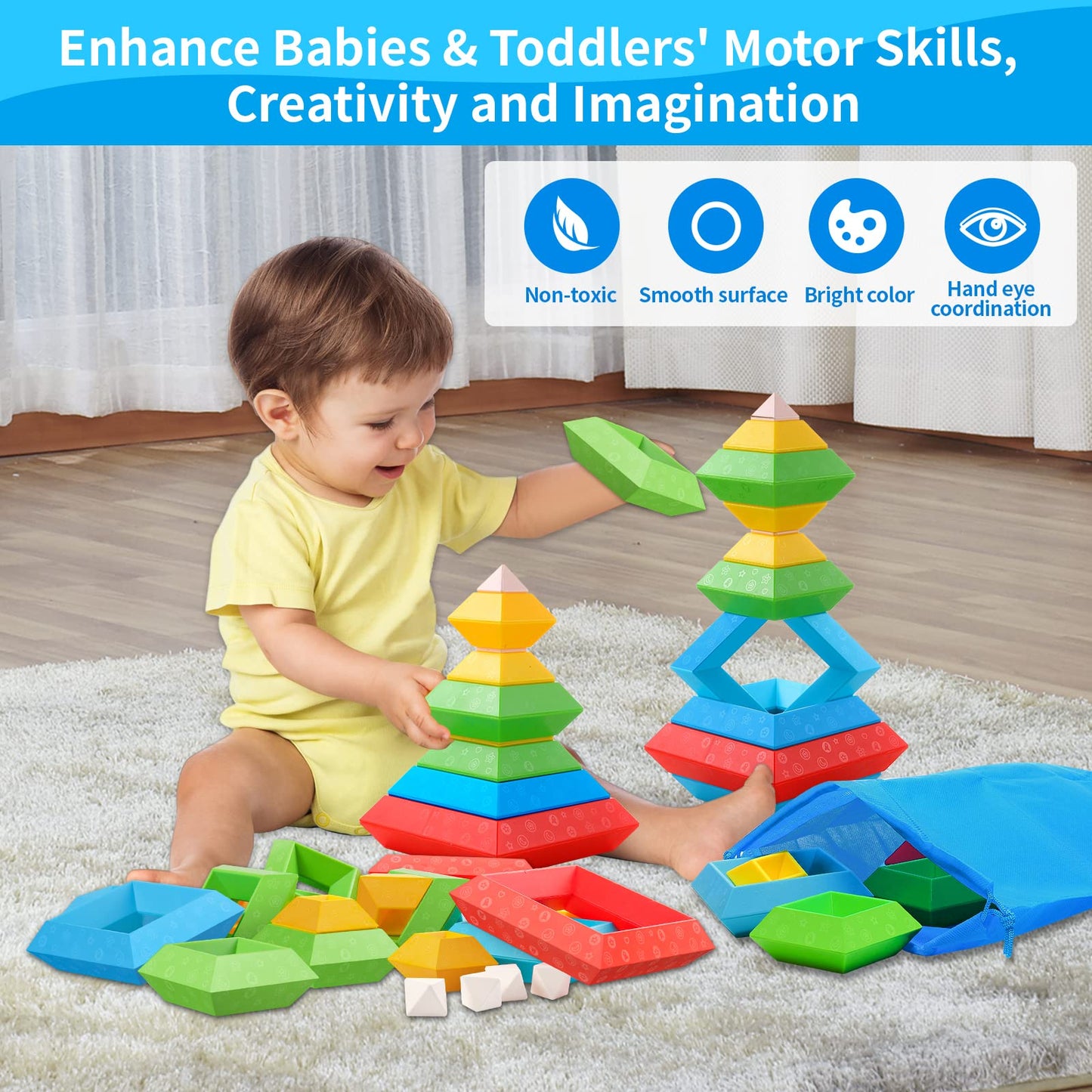 Hieoby Montessori Toys for Toddlers Boys Girls Preschool Learning Activities 30Pcs Building Blocks Stacking Educational Toys STEM Toddler Manipulatives Birthday Gifts Toddler Toys for 3 4 Year Old