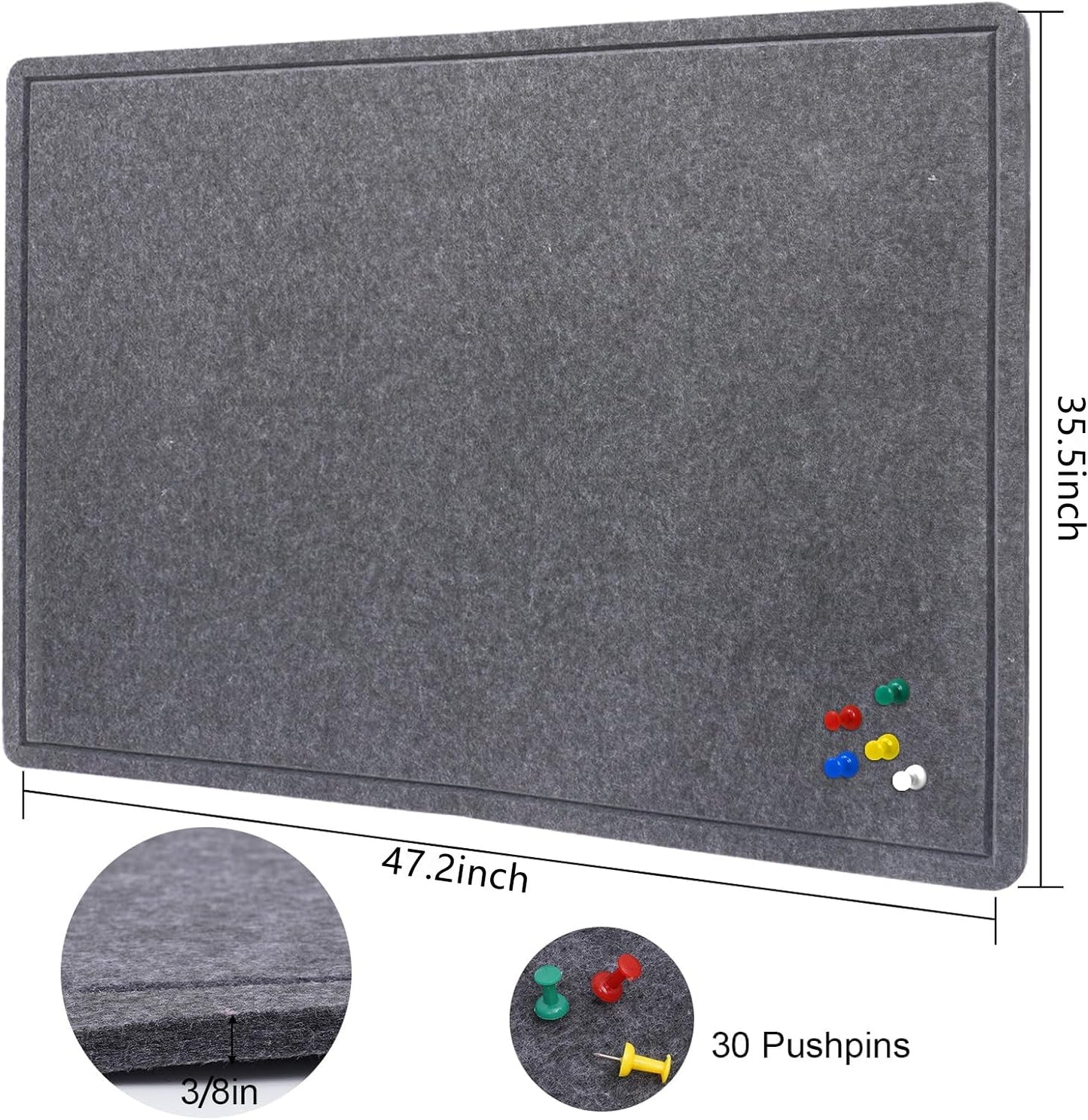 Large Bulletin Board, 48 X 36 inches Cork Board with 30 Pushpin, 4' x 3' Felt Cork Board Notice Pin Board, Self-Adhesive Vision Board Mood Board Foldable Photo Board for Wall - Dark Gray