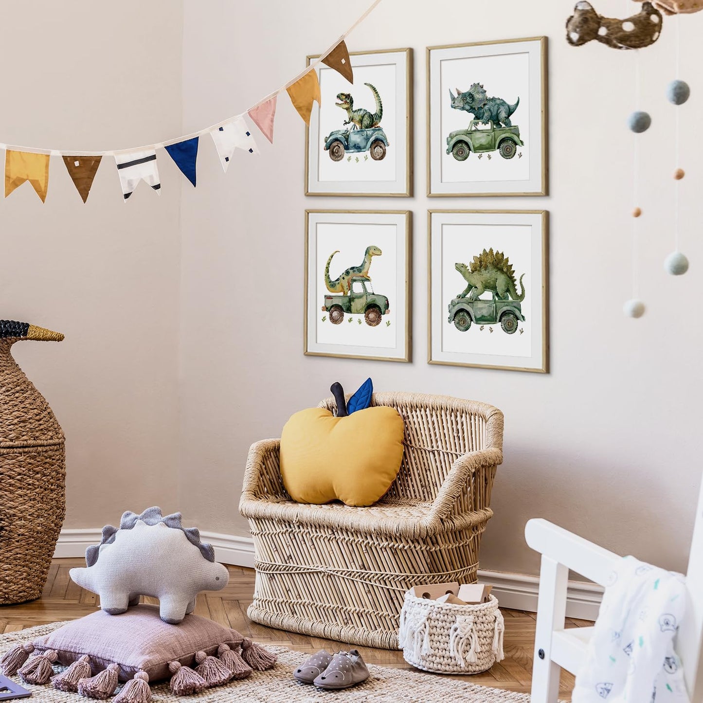 VONTP Dinosaur Nursery Wall Art Decor, Green Dino Construction Truck Boys Room Artwork for Kids Room Nursery Playroom, 8x10 Inch Set of 4 (Unframed)