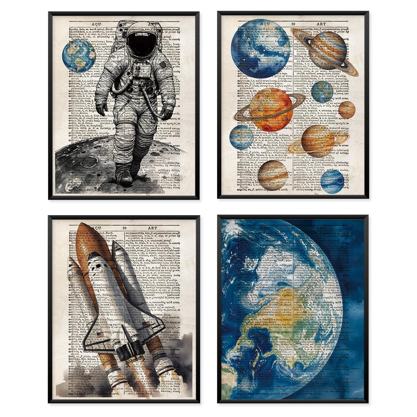 VONTP Retro Outer Space Wall Art Decor, Space Nursery Decor, Spaceman Rocket Solar System Planet Prints Poster Wall Decorations for Kids Boys Room Bedroom, 8x10 Set of 4 (Unframed)