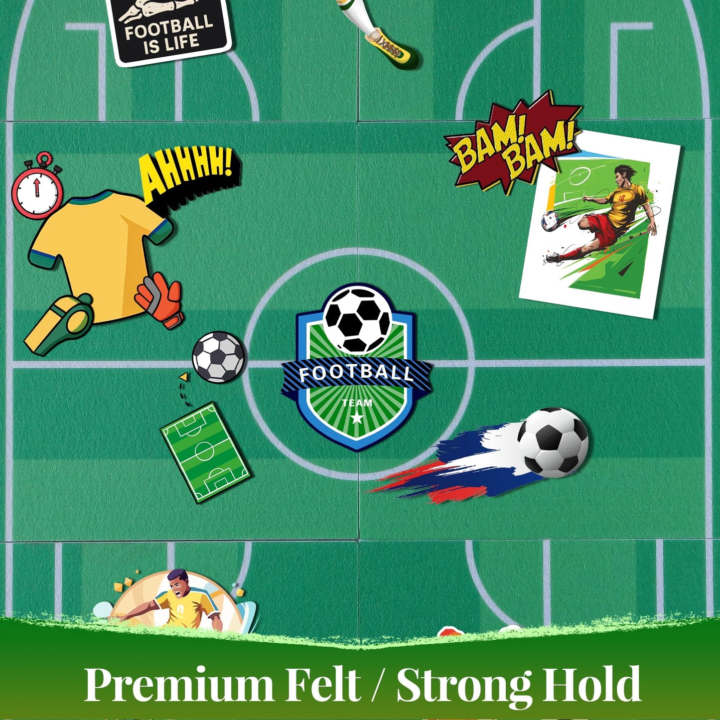 APOBATK Arched Felt Bulletin Board Soccer Field Design, 35" x 24" - 6 Tiles Soccer Room Decor for Boys, Sports Wall Decor Pin Board for Bedroom Office Photos & Notes