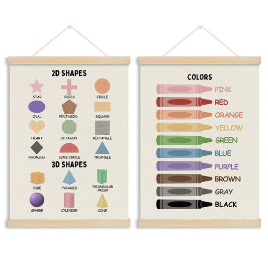 MOTERMATE Shapes Colors Nursery Poster Hanger Frame, 2D 3D Shapes Colors Learning Wall Hanging Decor Art Framed for Kids Room Playroom Classroom, Nursery Wall Poster Prints, 12x16 Inch Set of 2