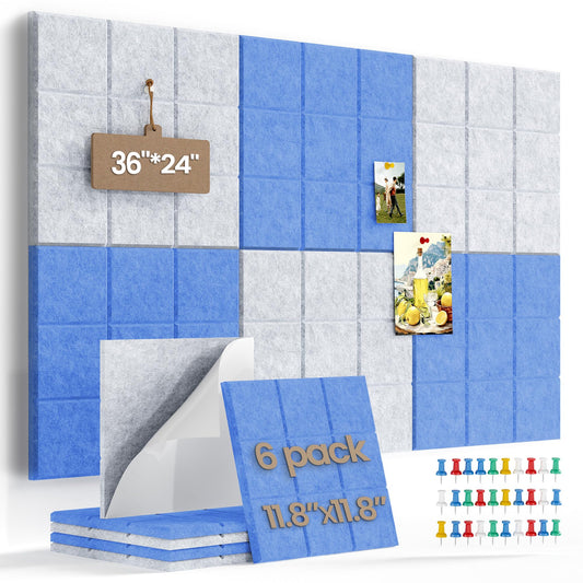Uoisaiko Large Felt Board Tiles for Wall with 30 Push Pins, 11.8"x11.8" Pack of 6 Pin Board Notice Boards for Home Office Kitchen, Bulletin Board Wall Tiles for Photos Memos (Blue+Grey, 6 Pack)